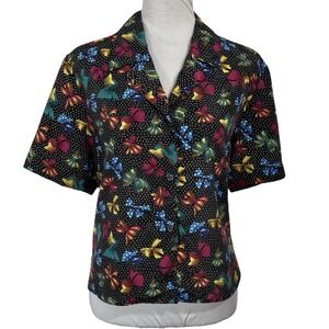 Vintage Ribbon Bow‎ Print Cropped Blouse Size L Polka Dot Rainbow Button Up Top